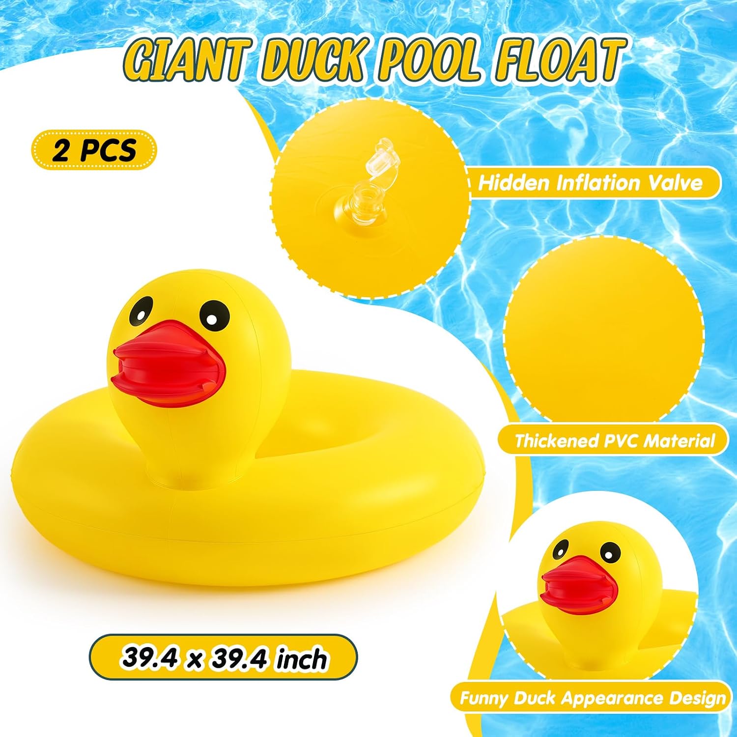 Hungdao 2 Pcs Duck Float Classic, 39.4'' Adults Pool Swim Tube | Giant Inflatable Rubber Ducky Floatie, Swim Tube for Summer Beach Party, Birthday Carnival Supplies Decoration