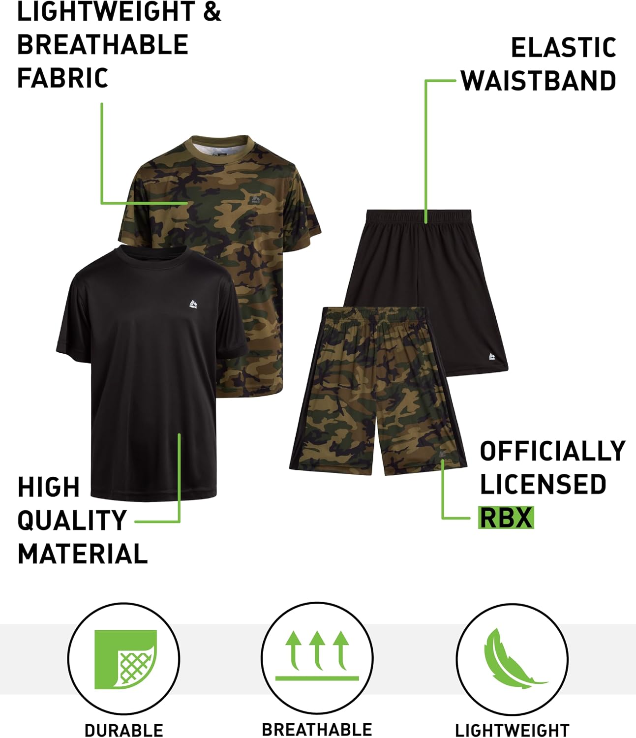 RBX Boys Athletic Shorts Set - 4 Piece Dry Fit Boys Short Sleeve Shirt & Basketball Shorts - Activewear Gym Short