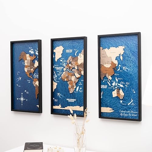 Miniatura 2 de ENJOY THE WOOD Framed World Map Wall Art Wood Travel Decor 3D World Map On Board 3 Panels Wall Rustic Decoration Housewarming Gift (Large, Triptych,