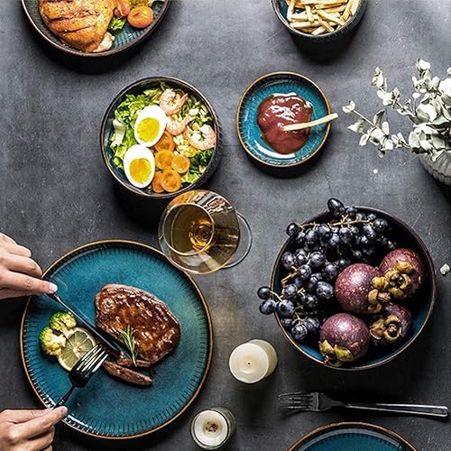 Miniatura 8 de GagalU Juego de vajilla de 28 piezas, platos y cuencos de cerámica, juego de vajilla de cerámica azul de cerámica reactiva redonda vintage, servicio