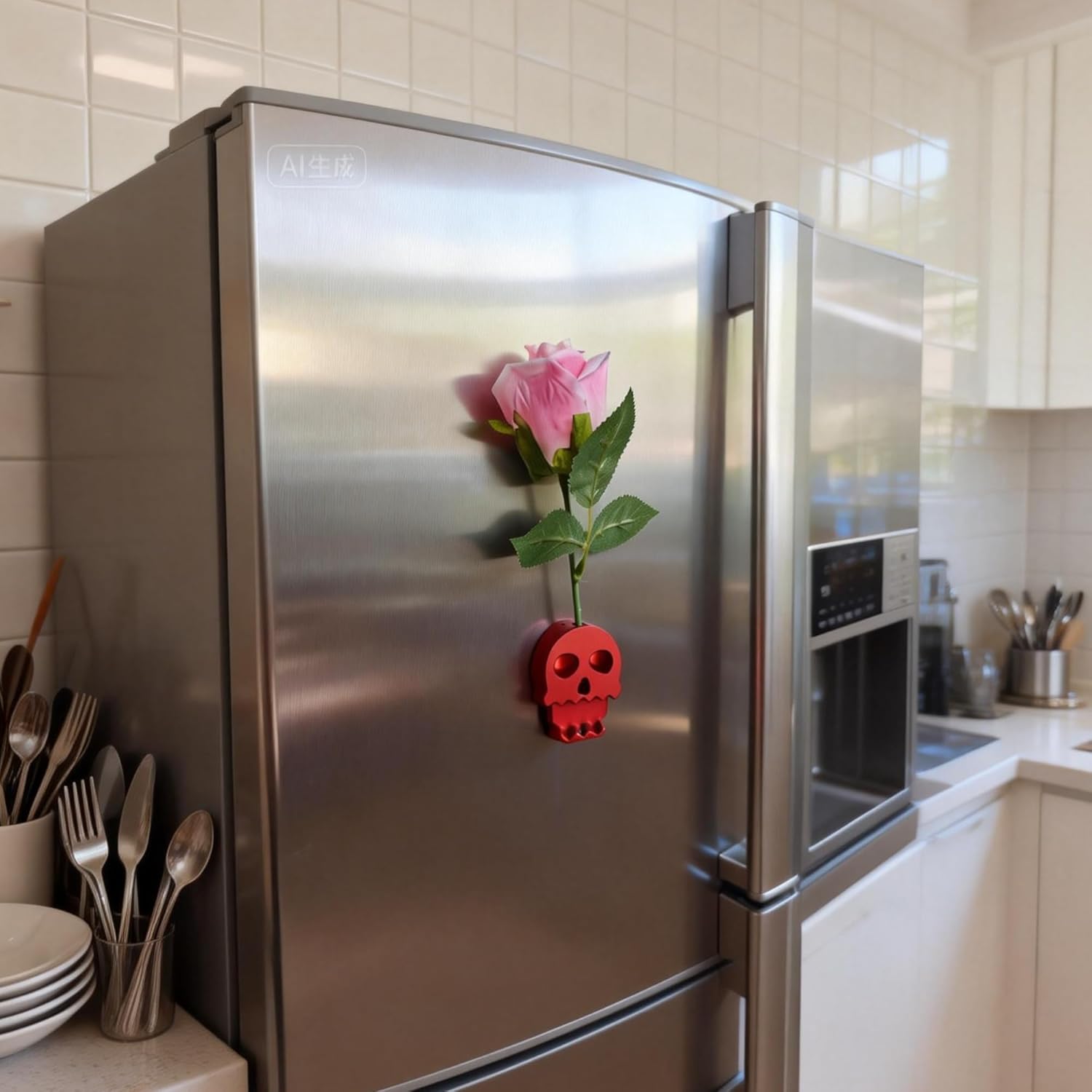 Hanging Ornaments - Office & Home Desktop Fridge Decoration, Fridge Magnet, Glass Suction,Phone/Tablet/Photo Album/Pen Display Stand with Bottle Opener and Mini Vase (Red)