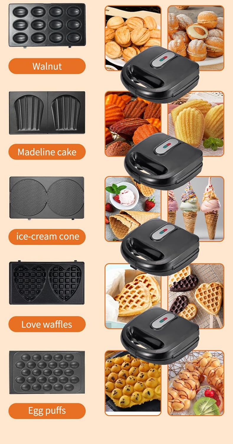 10 in 1 Waffle Maker with Removable Plates 750W Electric Breakfast Sandwich Maker Compact Nonstick Panini Grill for Donuts Burgers Madeleines and Snacks