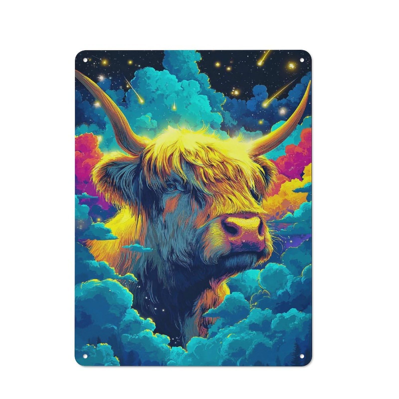 Junmoney Galactic Highland Cow Rustic Tin Sign 40X30cm For Home Bar Wall, For Home Interiors, Feature Walls And Decorative Displays