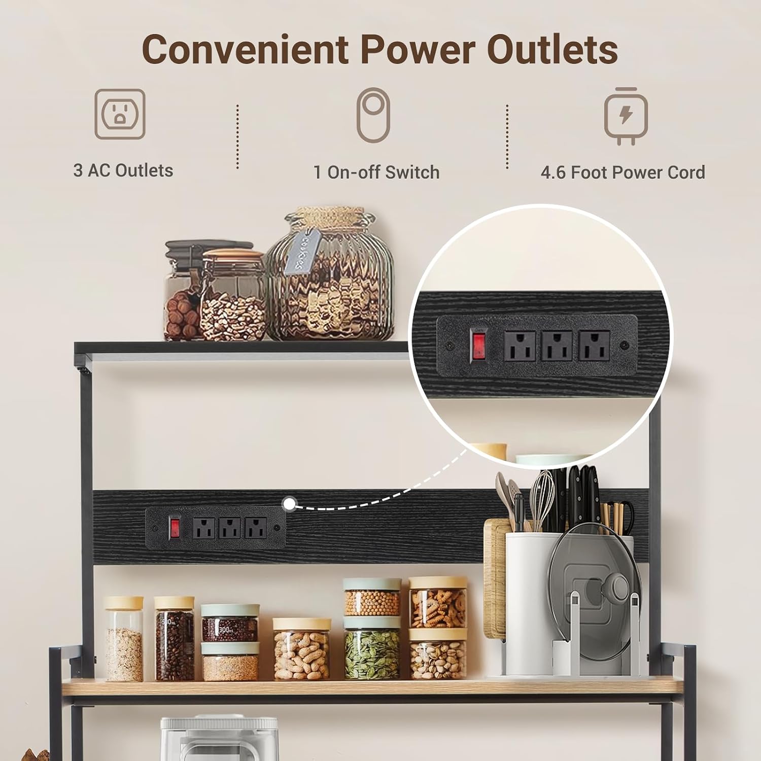 4-Tier Kitchen Baker's Rack with Power Outlet, Microwave Stand and Storage Shelves, Coffee Station Organizer (White Maple and Black)