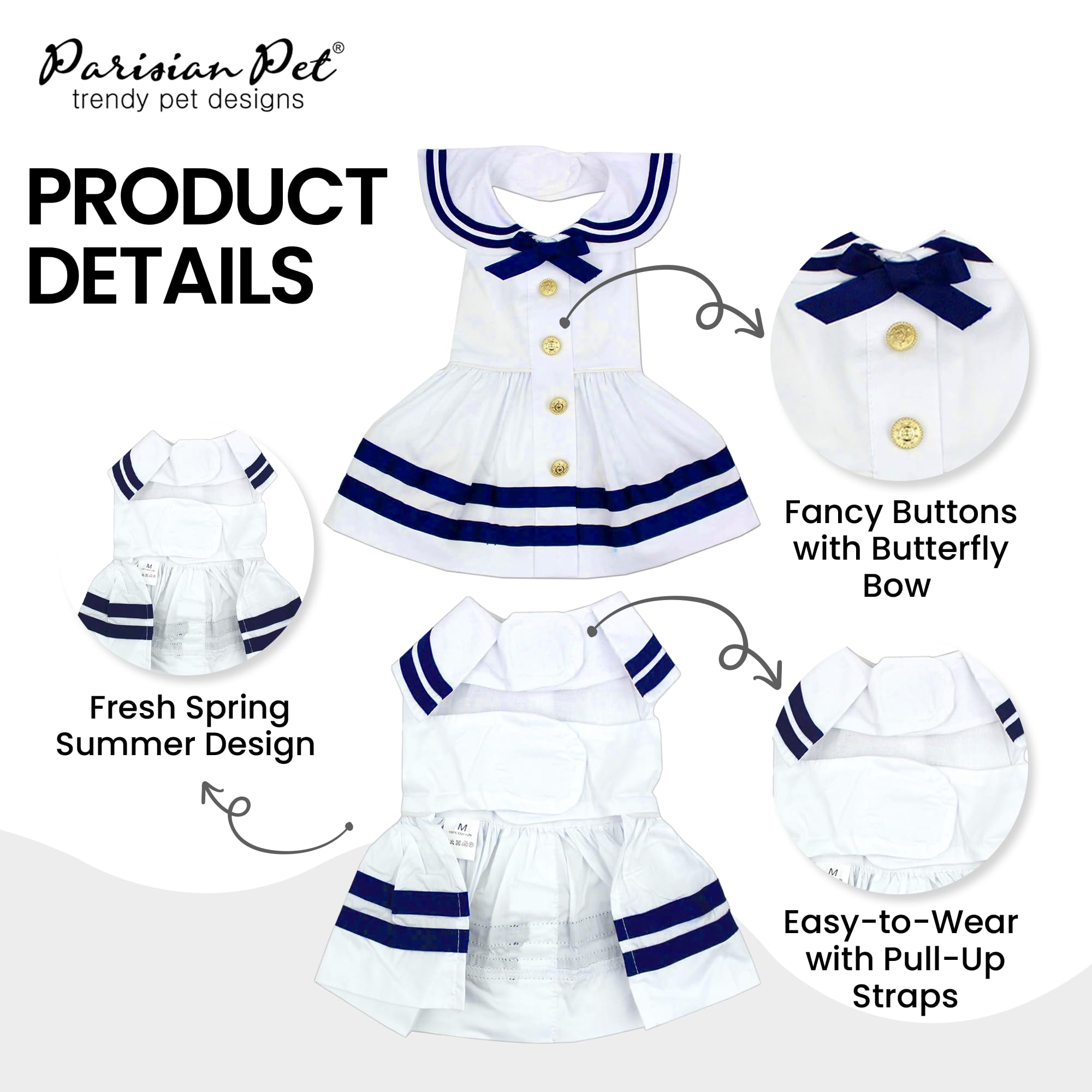 Parisian Pet Dog Dress Sailor White Summer Clothes Outfit for Girl Puppy, Dogs and Cats, XL
