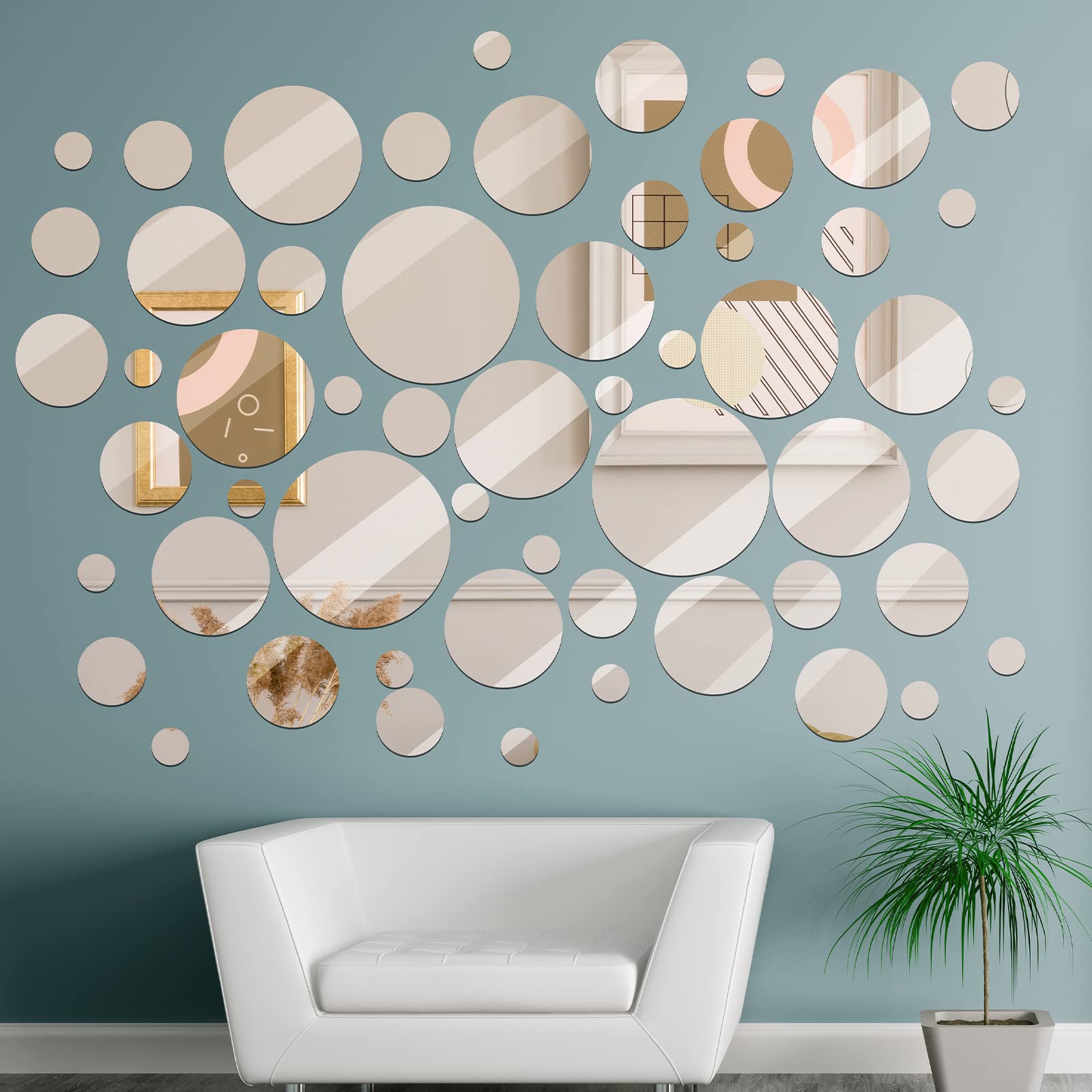 Real Glass Round Mirror Tiles Frameless Round Wall Mirrors Glass Mirror Tiles Round Wall-Mount Mirrors with Acrylic Double Sided Adhesive for Bedroom Bathroom Craft Decor (56 Pcs, 2/3/4/6/8/10 Inch)