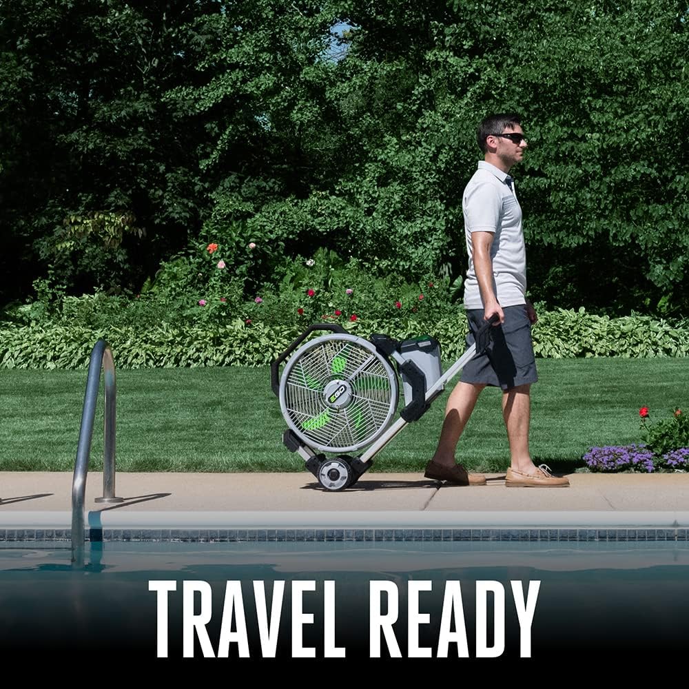 Man Transports Portable Fan by Pool