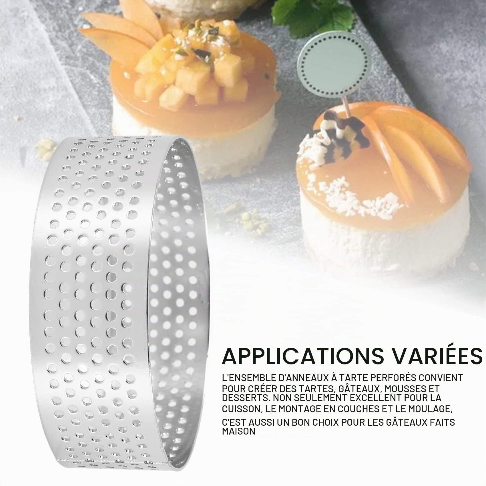 Lot de 10 moules en acier inoxydable, 6 cm, ronds, perforés, pour desserts, pour tartes aux fruits, quiches, mousse, avec revêtement antiadhésif, ustensiles de cuisine inoxydables
