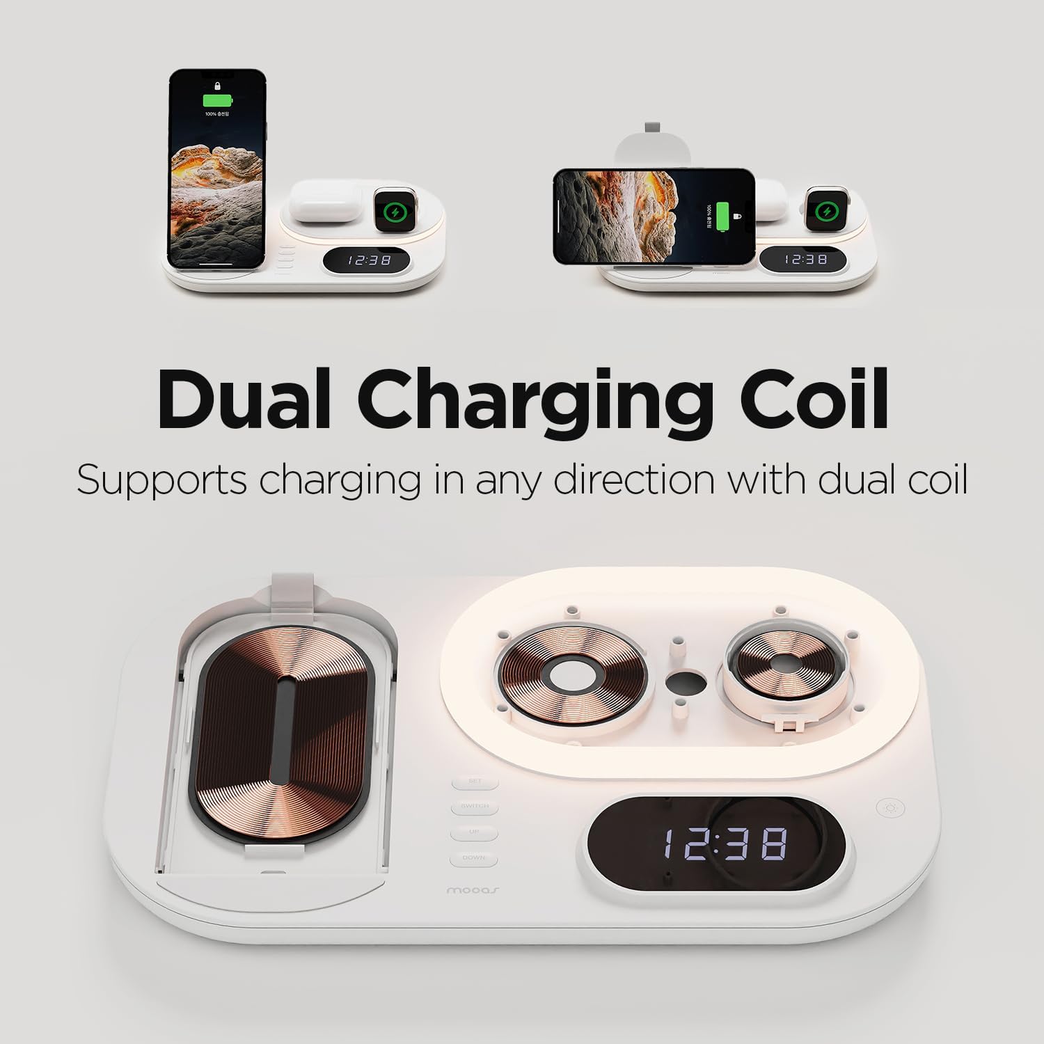 mooas 4 in 1 Fast Wireless Charger Nightlight Clock, 4 in 1 Wireless Charging Station with LED Clock, Compatible with iPhone 17 16, Galaxy S26 S25 and Newer, Airpods, Galaxy Buds, Apple Watch