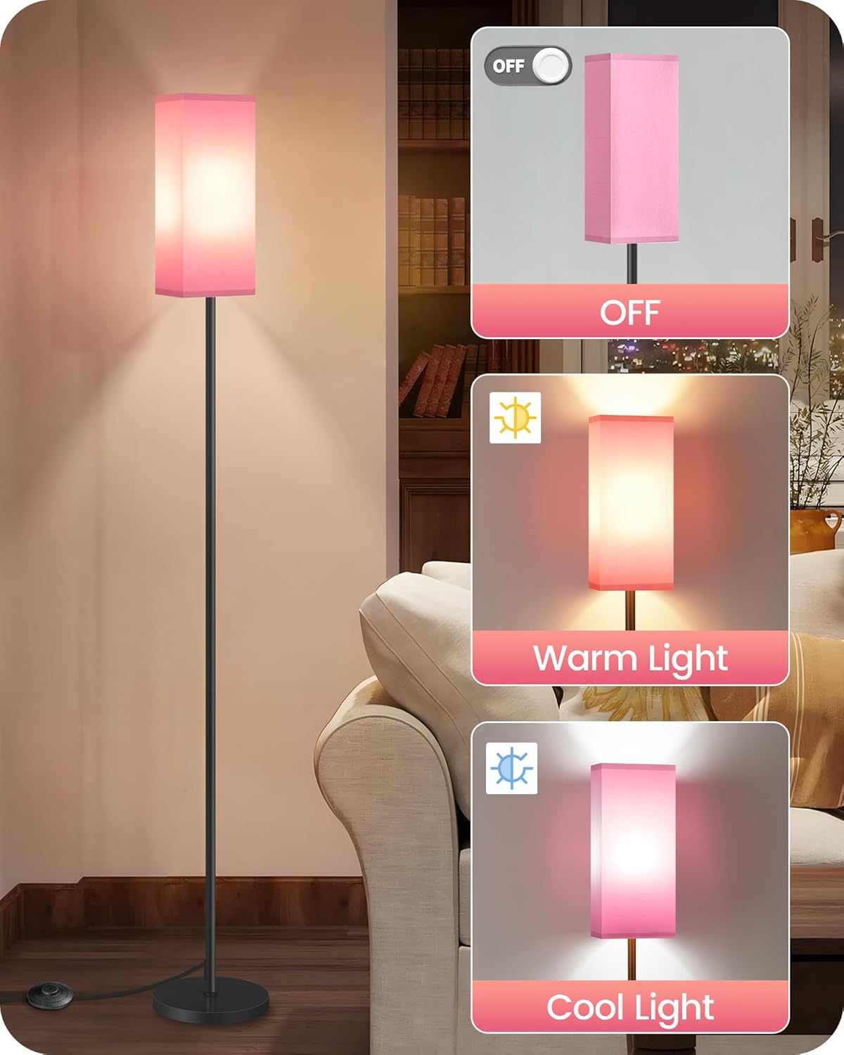 Set of 2 Floor Lamps for Living Room, Modern Tall Standing Lamps with Foot Switches, Bulb Not Included, 64.6'', for Living Room, Bedroom, Study, Kids Room, Pink and Black P07LDP205W1