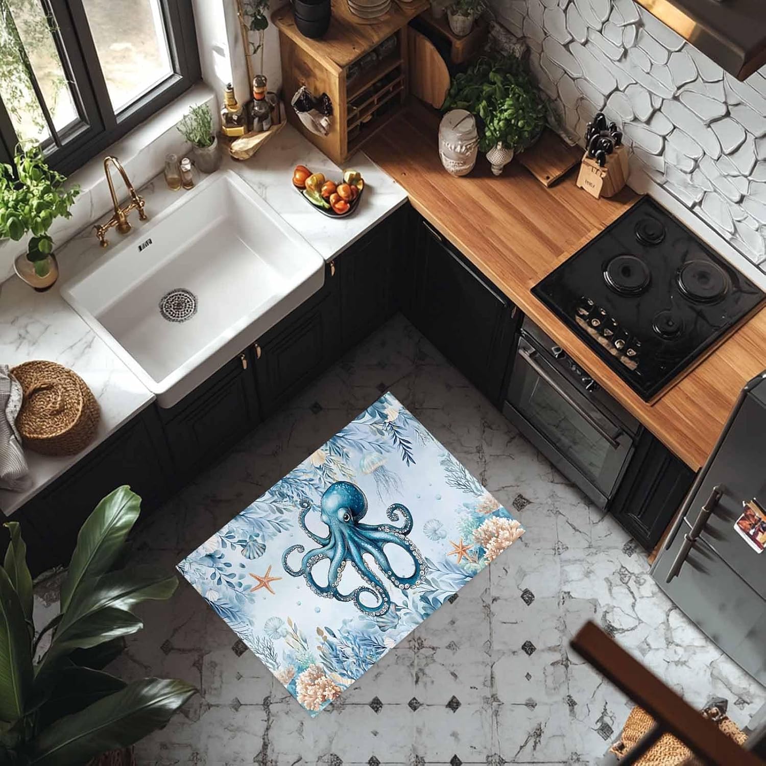 Ocean Octopus Entrance Floor Mat Personalized Doormat, Summer Jellyfish Turtle Welcome Door Mat, Low Profile Non Slip Entry Rugs for Kitchen Bathroom Home Front Decor, 20x32in