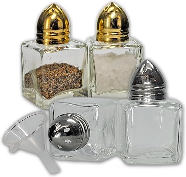 Pack of 4 Clear Glass Mini Cube Salt & Pepper Shakers with 2 Gold-tone, 2 Silver-tone Tops and BONUS Easy Fill Funnel by NetSellsIt