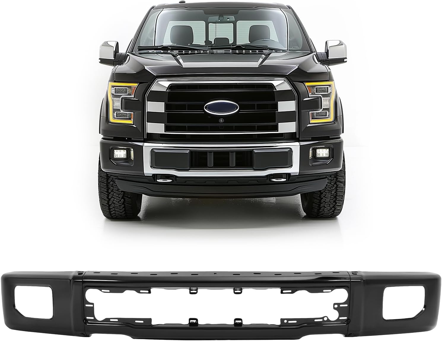 KUAFU Front Bumper Face Bar Compatible with 2015-2017 Ford F-150 Replacement for FO1002424 FL3Z17757FPTM W/Fog Light Holes Steel Powder Coated Black（3-Piece Design）
