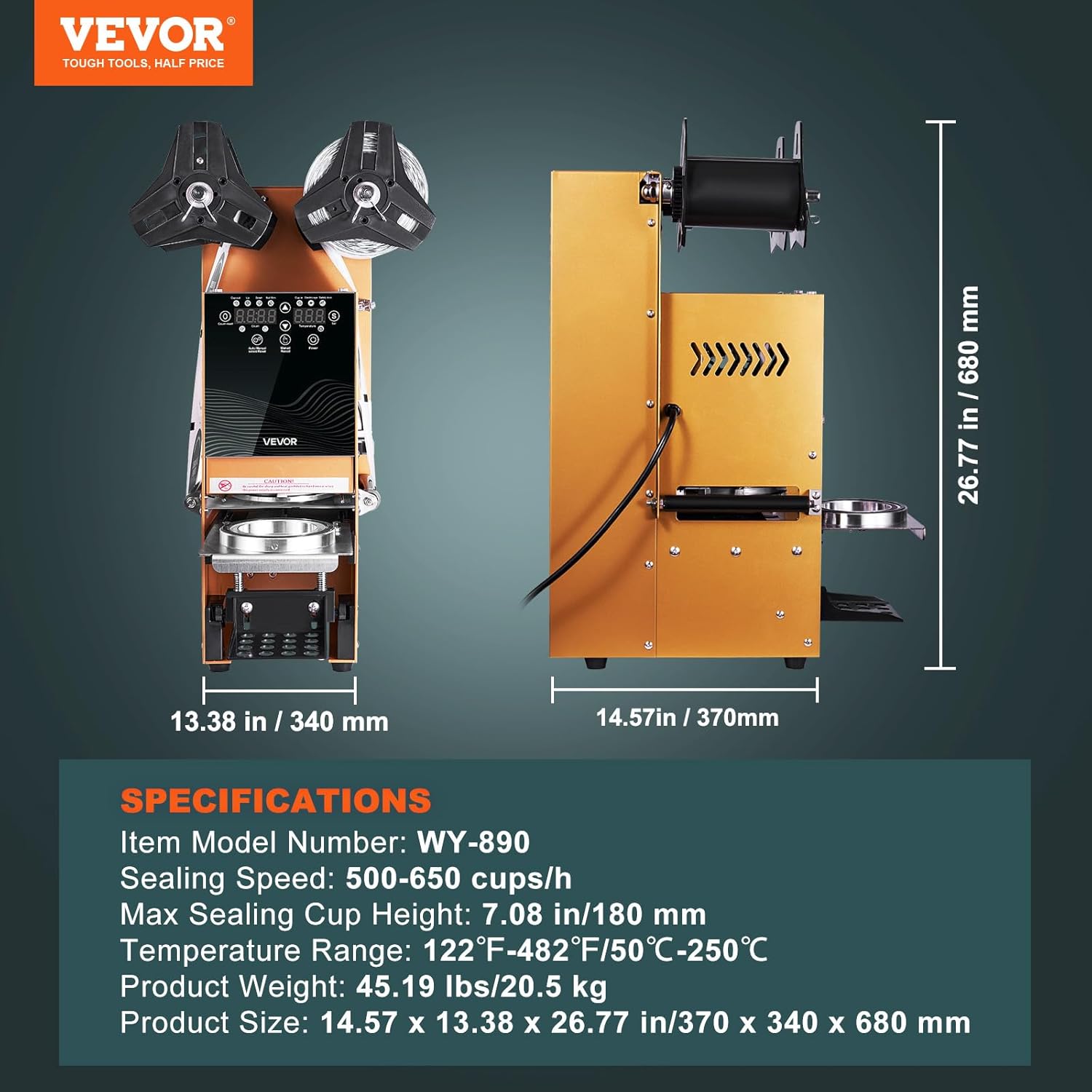 VEVOR Fully Automatic Cup Sealing Machine, 500-650 Cups/H, Cup Sealer Machine for 180 mm Tall & 90/95 mm Cup, Electric Boba Tea Sealer with Digital Control LCD Panel for Bubble Milk Tea Coffee, Gold