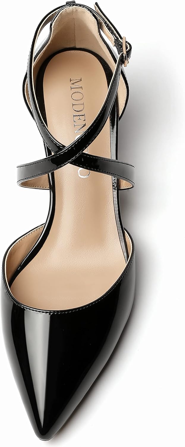 MODENCOCO Women's Patent Buckle Pointed Toe Block Cross Strap Solid Chunky Low Heel Pumps Shoes 2 Inch