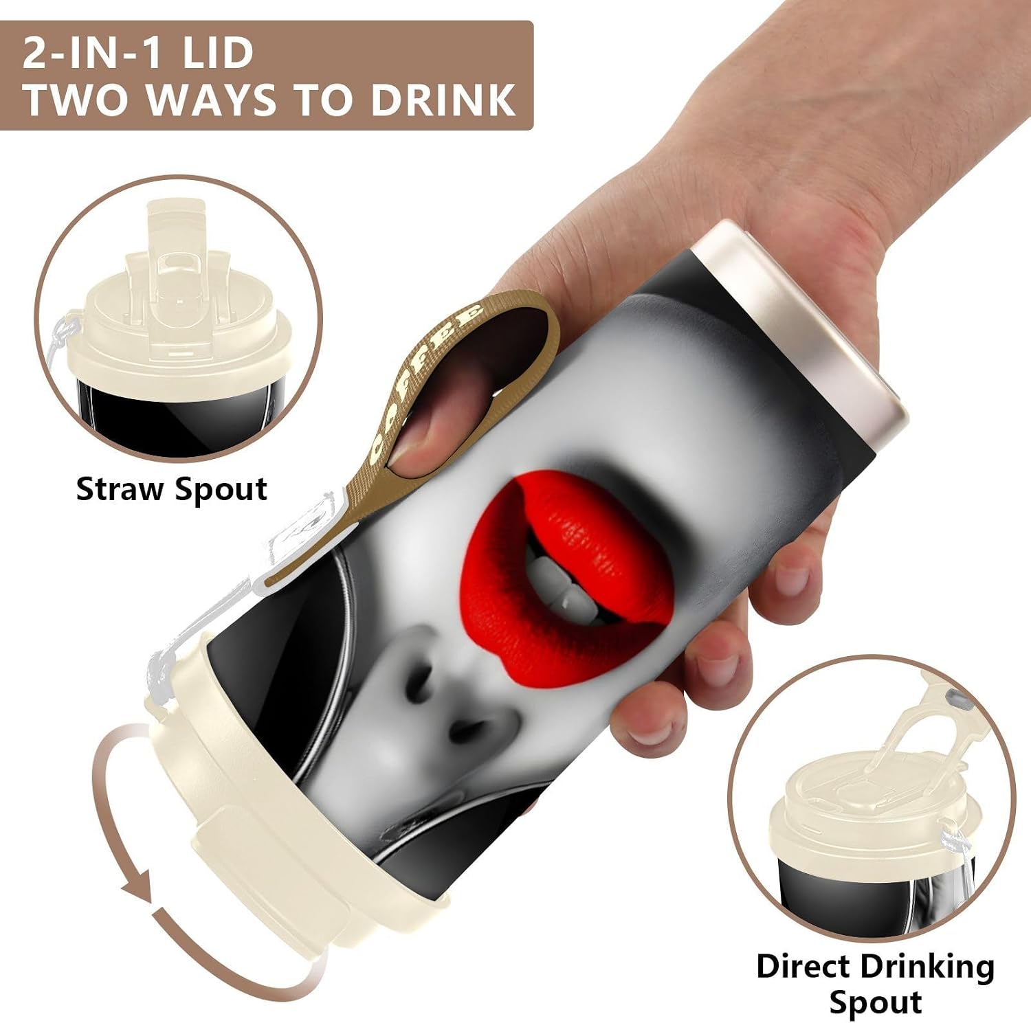 Woman Lip Red Black Insulated Coffee Mug with Straw & Flip Lid, 16.9oz Iced Tumbler Cup, Double Wall Vacuum Leak-Proof Mug for Travel Office