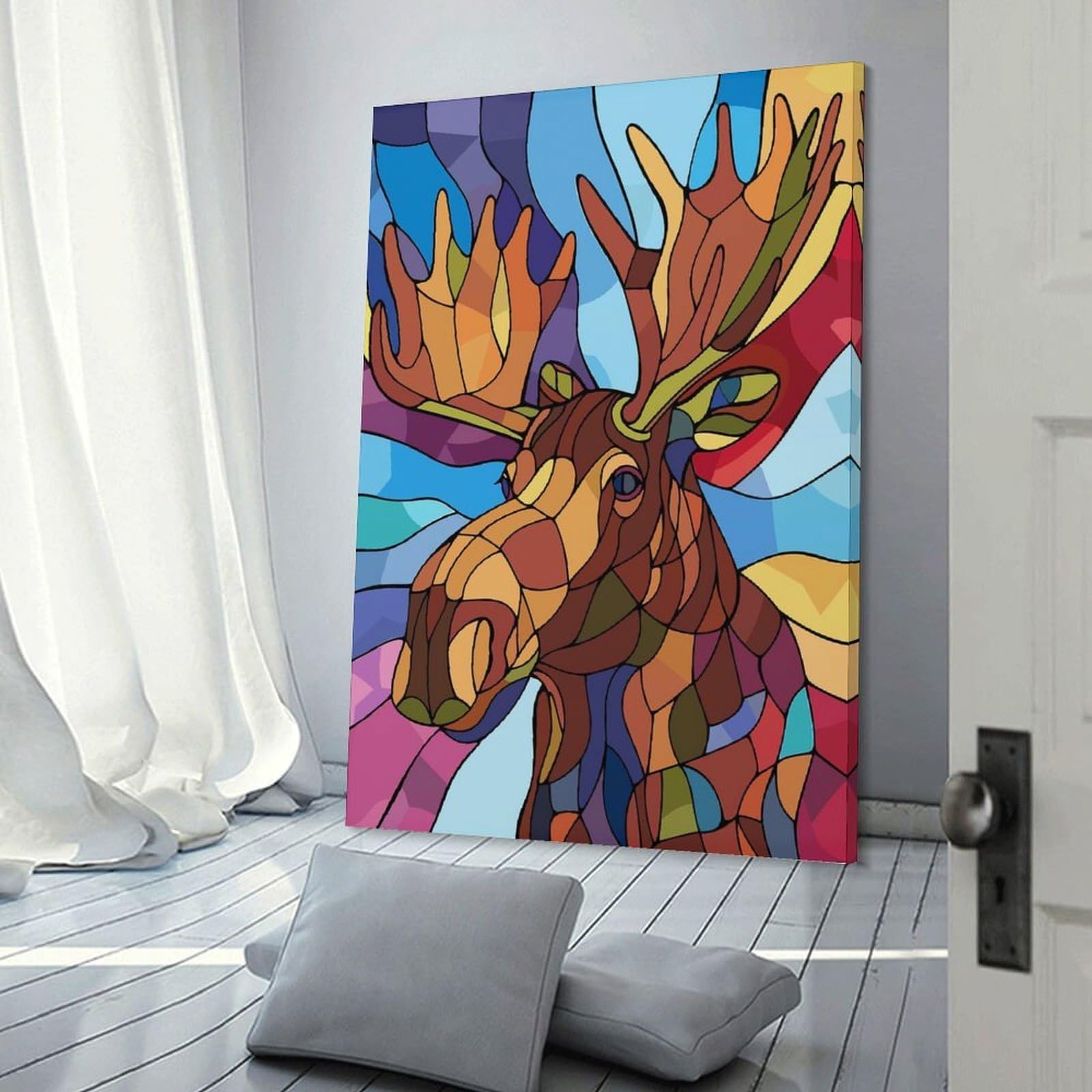 Junmoney Frame-Style-18 Stained Glass Moose Portrait Home Decor Wall Art, 12X18inch(30X45cm), For Wall Displays, Bedrooms Or Room Updates, Ideal For Building A Coordinated Art Wall