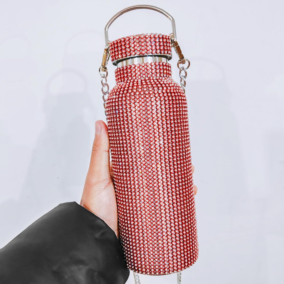 32oz Diamond Water Bottle Bling Rhinestone Stainless Steel Thermal Refillable Insulated Glitter with Chain for Women Girls Gifts (1000ml),Red
