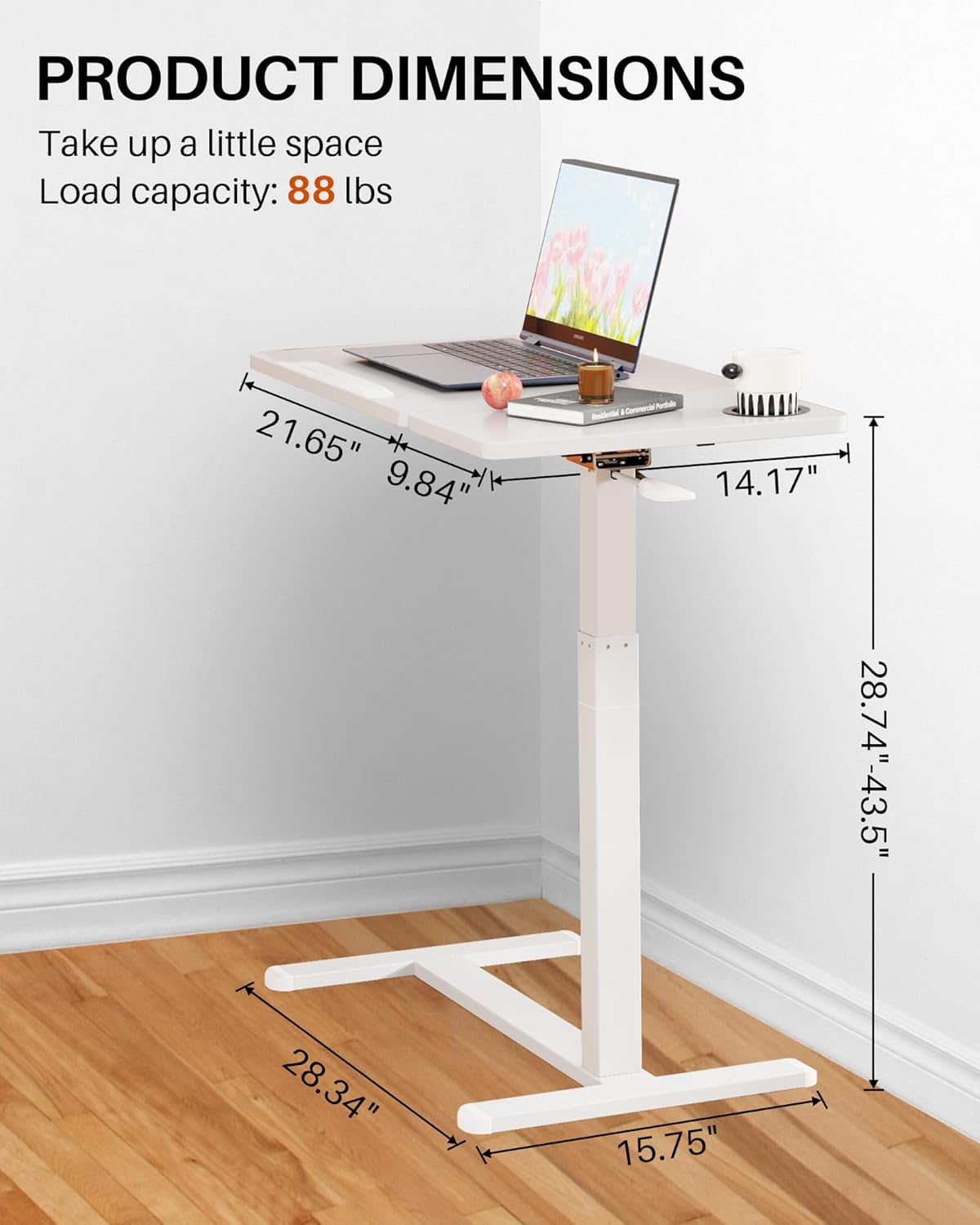 Overbed Table with Wheels, Pneumatic Height Adjustable Overbed Bedside Table, Tilting Desktop Mobile Standing Desk, Rolling Laptop Desk for Bed, Sofa, or Hospital Use (White)