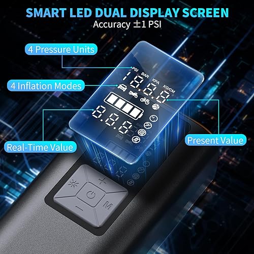 Miniatura 4 de Inflador de neumáticos inalámbrico, compresor de aire portátil de 150 PSI con parte trasera de almacenamiento de accesorios, bomba de aire de 12 V