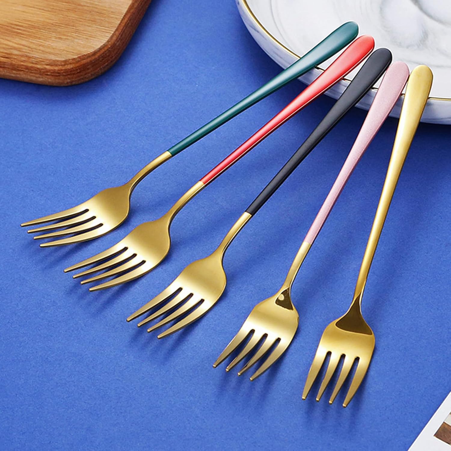 fruit forks，Dinner Forks,Stainless Steel ForksLong Handle Fruit Table Forks Stainless Steel Camping Bento Tableware Restaurant Salad Fork Kitchen Cutlery Accessories (Color : Black Gold)