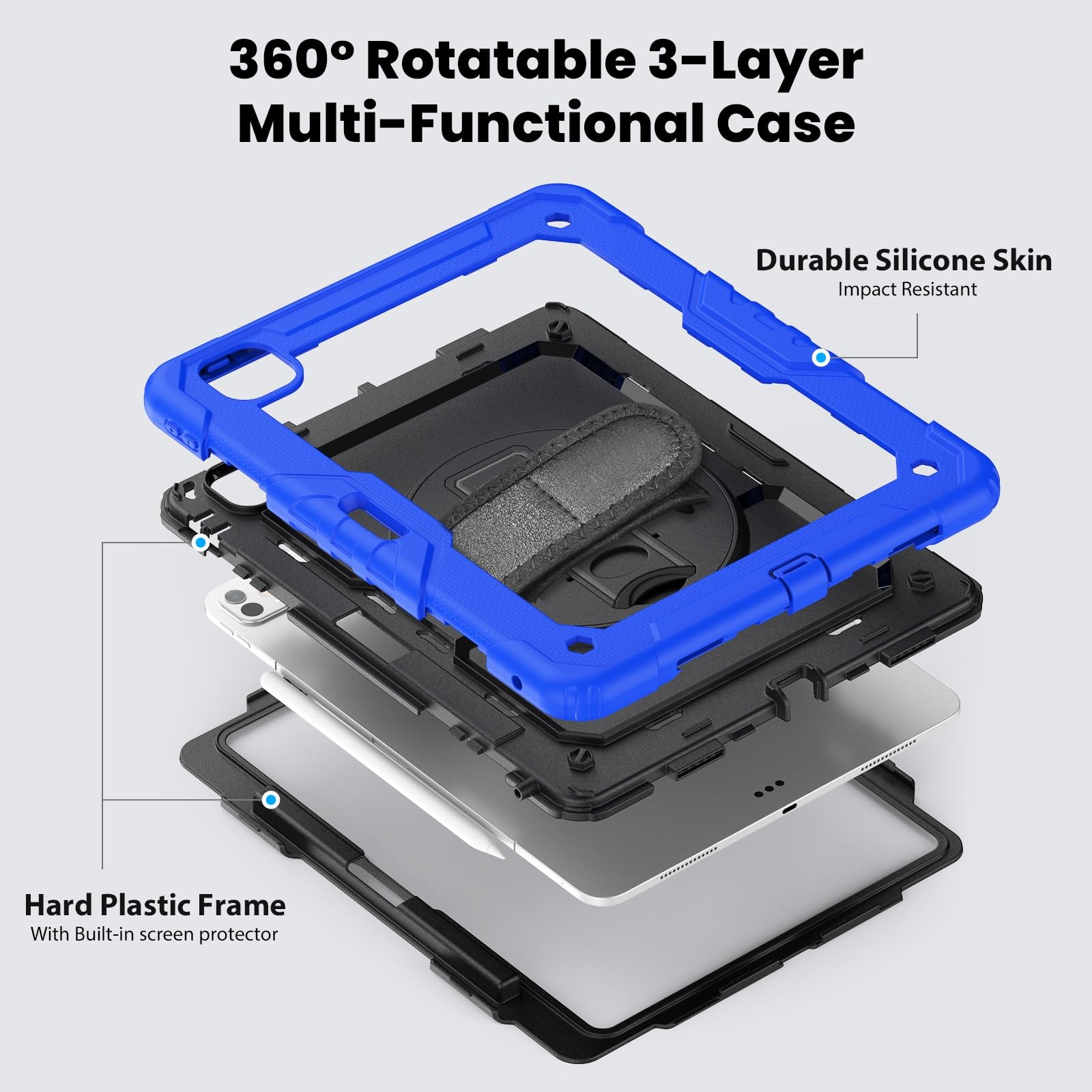 Copertura per Tablet Custodia Compatibile con iPad PRO 13 Pollici M4 2024 7a Generazione Protezione for Lo Schermo, cavalletto [Tracolla] Robusta Antiurto Cinturino Girevole a 360° 13"(Dark Blue)