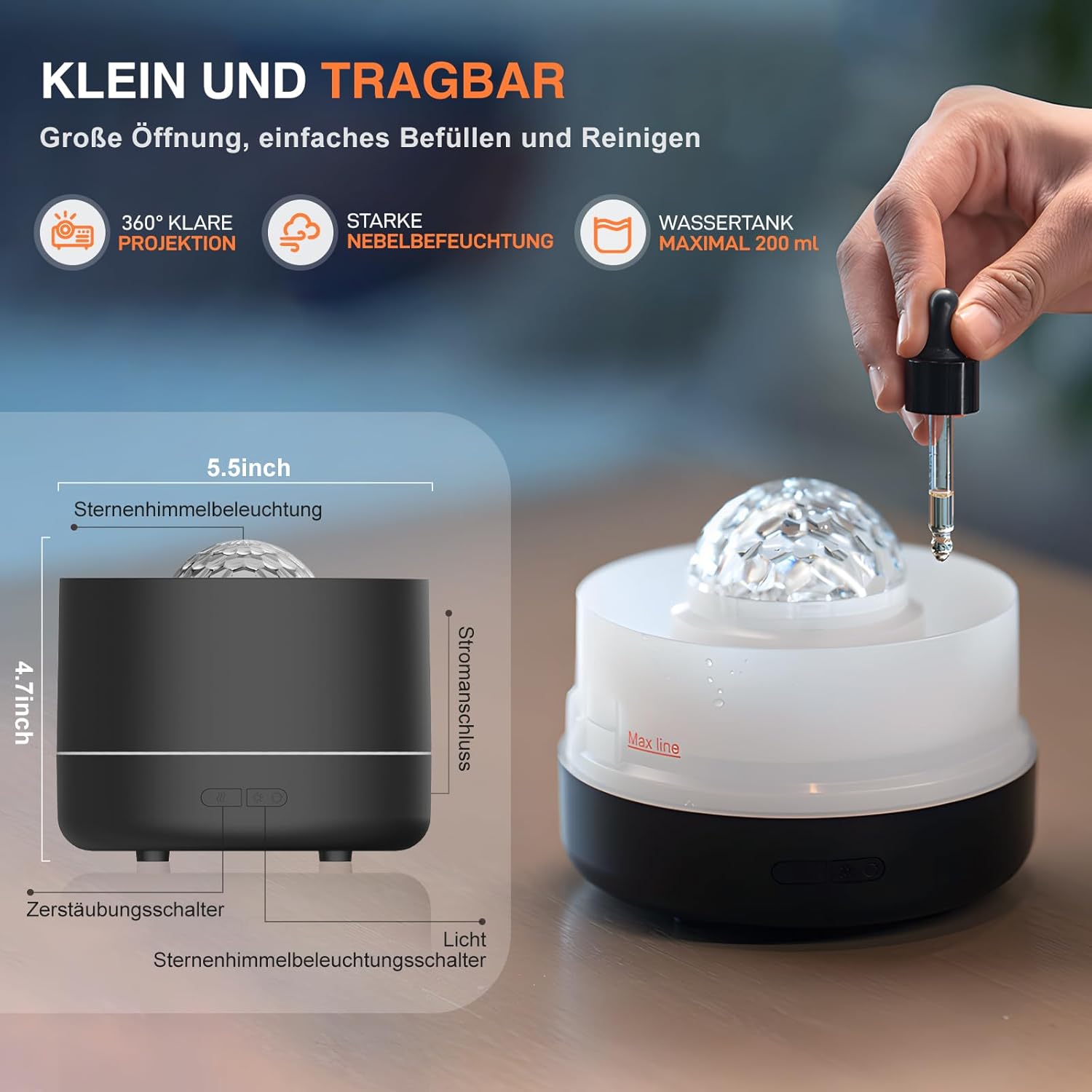 Essential Oil Diffuser, Colorful Flame Fire Diffuser, Bedroom Atmosphere Light, Starry Sky Projection Light, Cold Mist Aromatherapy with Automatic Shut-Off Protection. Suitable for Home, Office