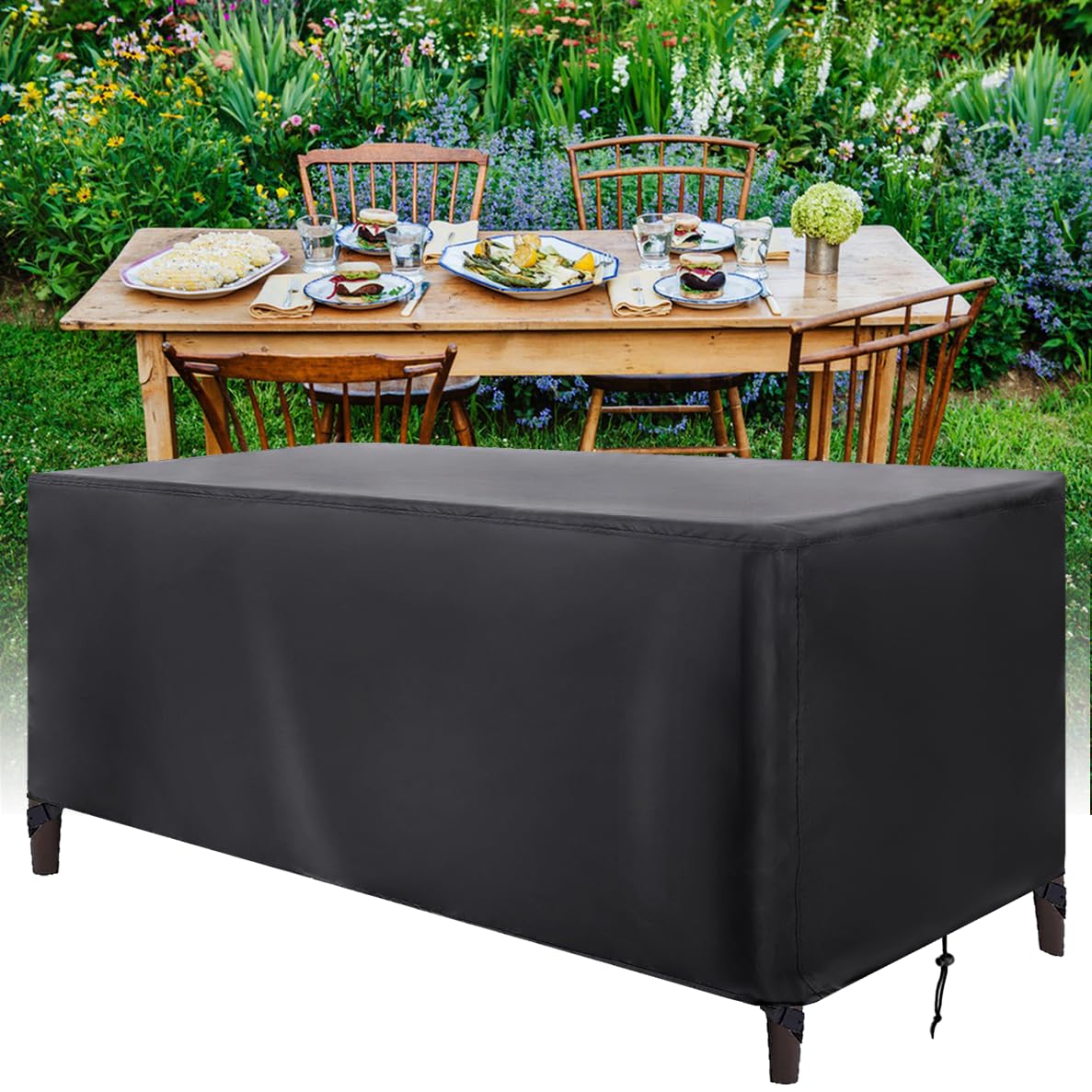 ZDLLDZ Waterproof Garden Furniture Cover for Rectangular Table and Chairs, Heavy Duty 420D Oxford Outdoor Patio Set Cover, Windproof & UV Resistant, 213x132x74cm Black
