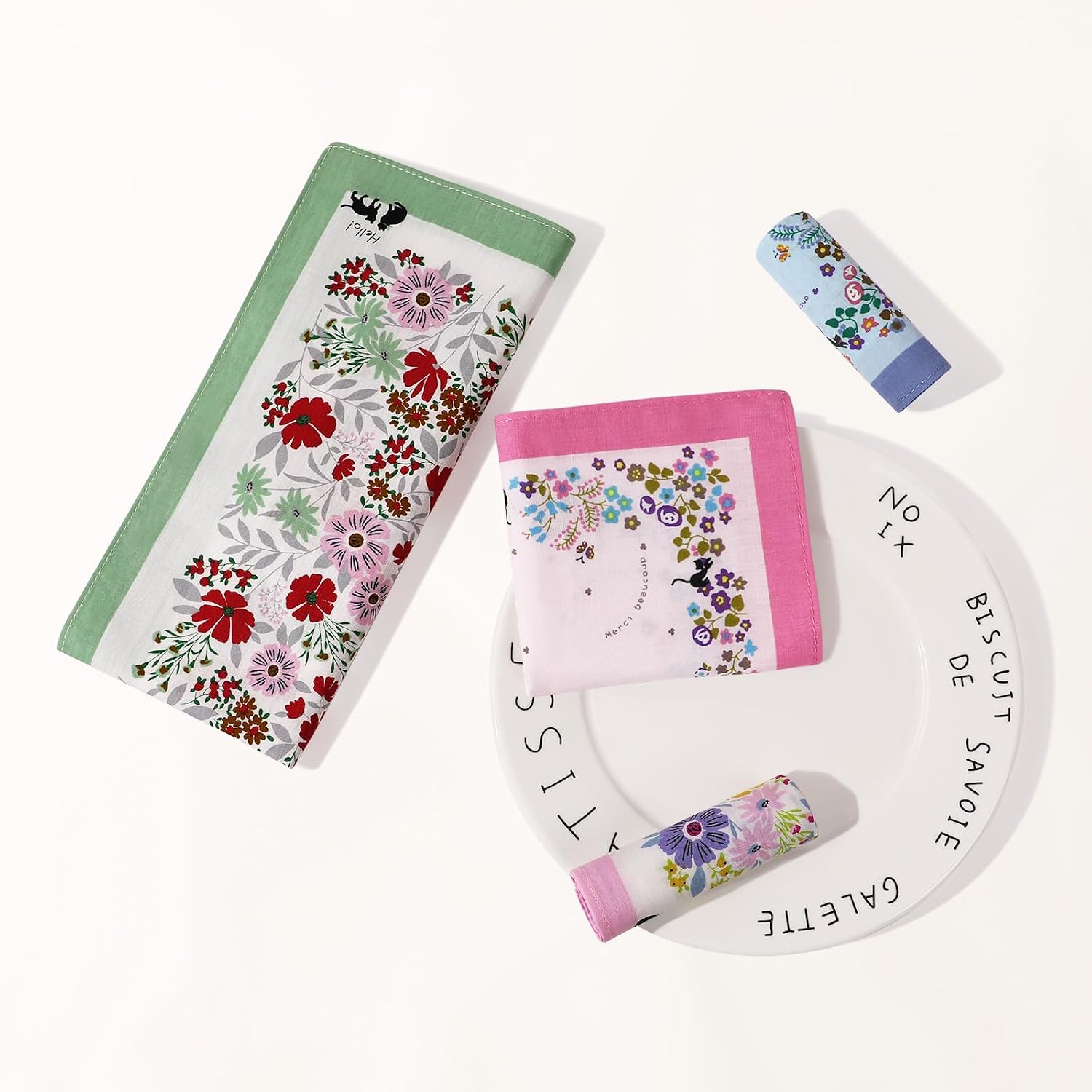 Handkerchiefs for Women, 12Pcs Soft Cotton Printed Women's Handkerchiefs Ladies' Vintage Floral Printing Hankies 13.78”