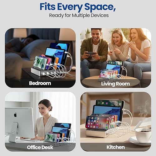 Miniatura 6 de Estación de carga de 6 puertos para múltiples dispositivos, estación de carga para teléfono celular iPhone, Android, tableta, reloj inteligente y