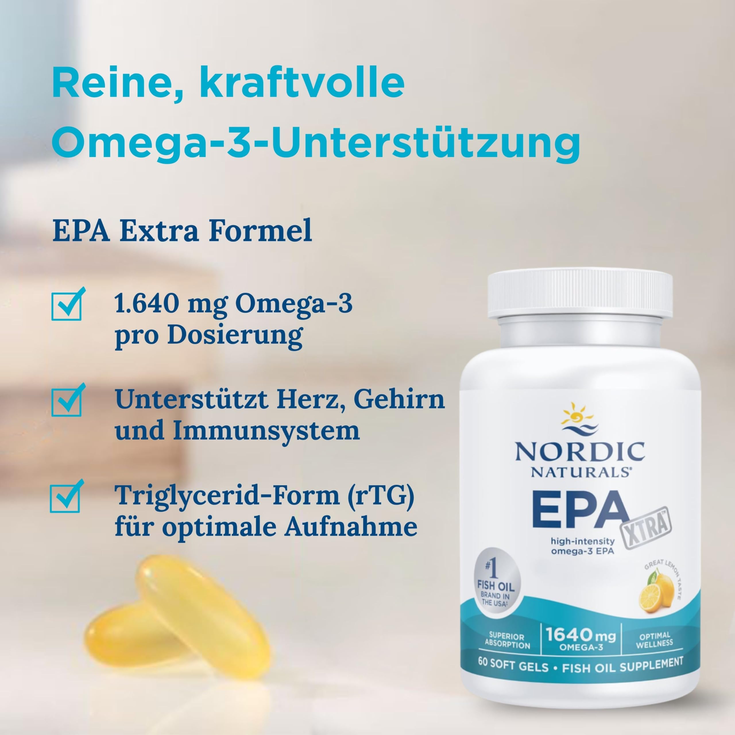 Nordic Naturals EPA Xtra 1.640 mg, Omega-3-Kapseln mit Omega-Fettsäuren, hochdosiertes Fischöl mit EPA und DHA, Zitronengeschmack, 60 Weichkapseln, sojafrei, glutenfrei