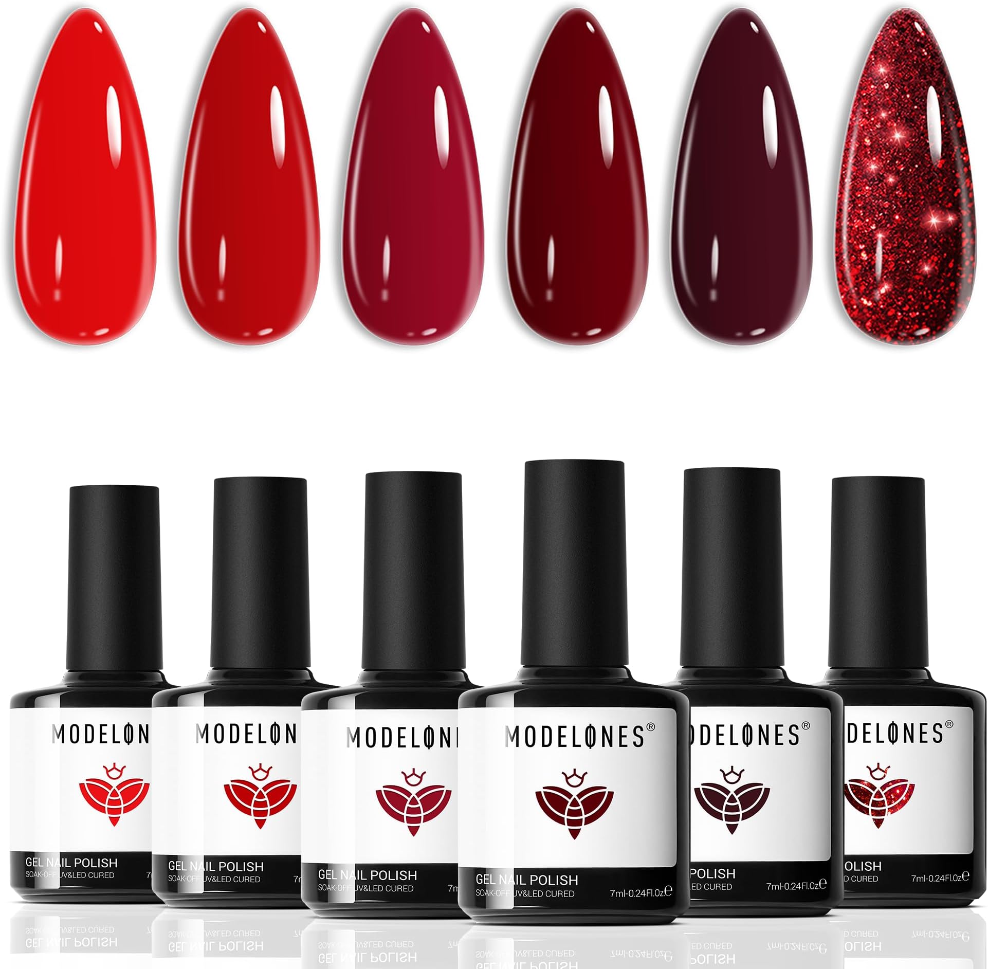modelones Gel Nail Polish Set - 6 Red Colors Gel Polish Glitter Red Gel Polish Burgundy Sparkle Bloody Nail Polish Gel Manicure DIY Salon Nail Art Gifts