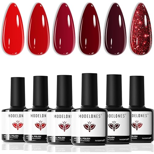 modelones Gel Nail Polish Kit -6 Colors Red Gel Polish Set Burgundy Glitter Sparkle Bloody Soak Off Gel Nail Kit Manicure DIY Nail Art Salon Home Gift