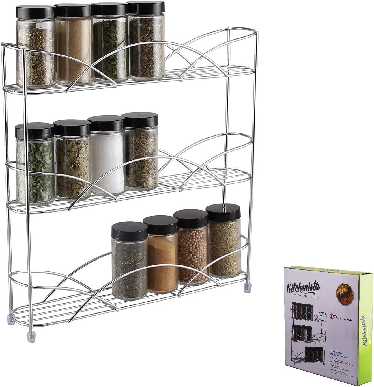 Kitchenista Free Standing Spice and Herb Rack, Universal to fit multiple sized jars (Chrome)