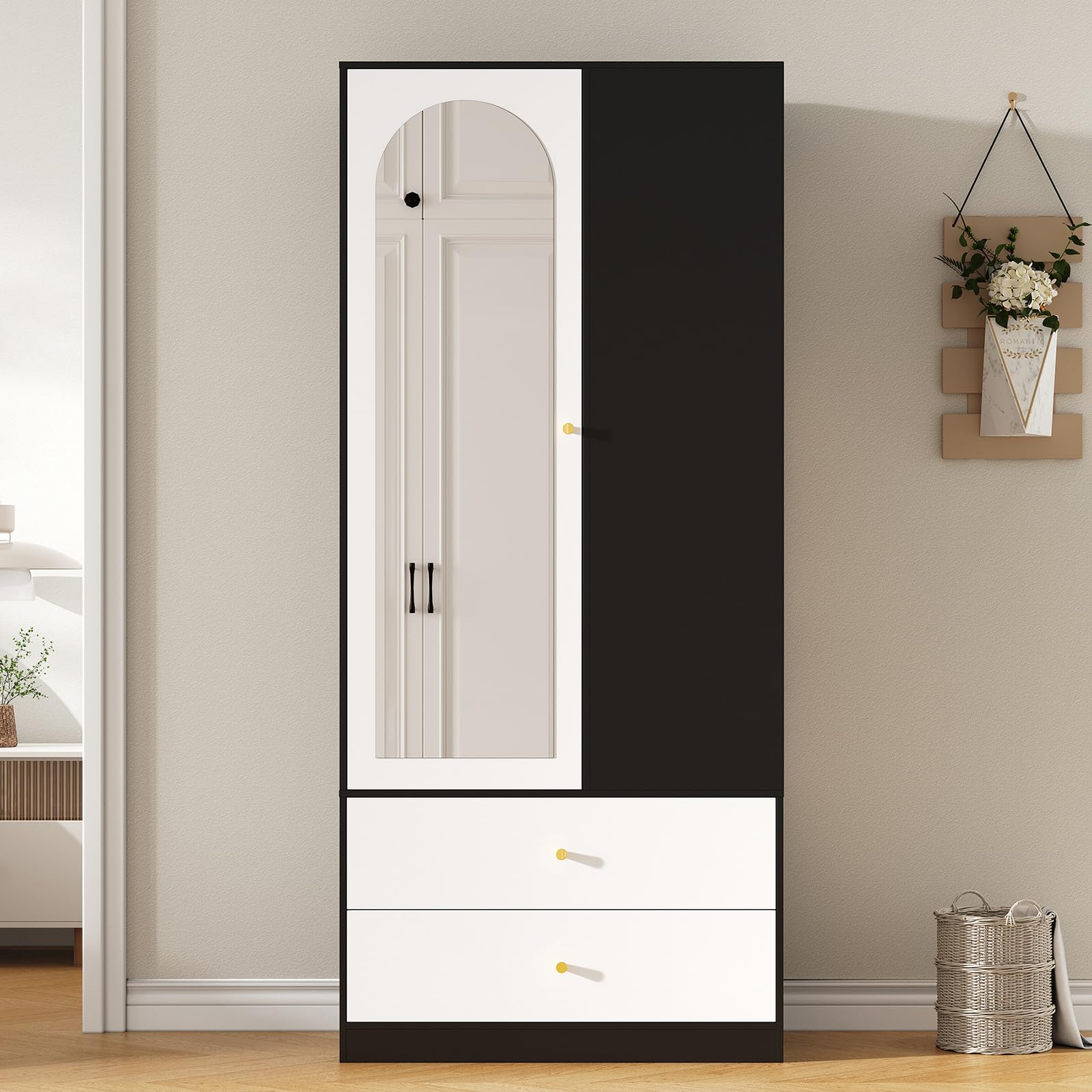 SUKY Armario Dormitorio Moderno con Espejo y 1 Puerta, Mueble Ropero Multiusos, Equipado con 2 Cajones y 4 Estantes, Mueble Organizador Práctico para Ropa, Ideal para Dormitorio del Hogar