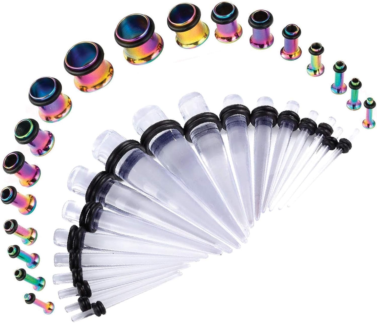BodyJ4You 36PC Gauges Kit 14G-00G Single Flare Multicolor Steel Tunnel Plugs Acrylic Tapers Jewelry