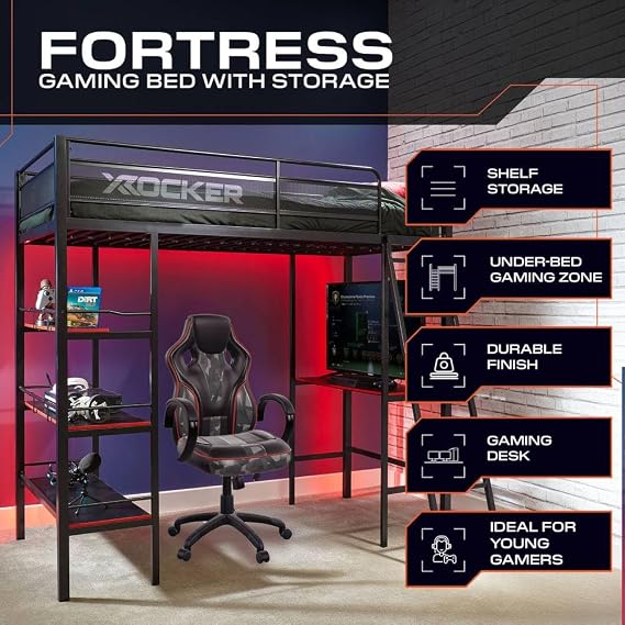 X-Rocker Fortress 3ft Single, High Sleeper Bunk Bed - 3 Shelves, Gaming Desk & PC Storage Shelf, Fixed Ladder, Sturdy Metal Frame for Kids & Teens - Black - 90x190cm