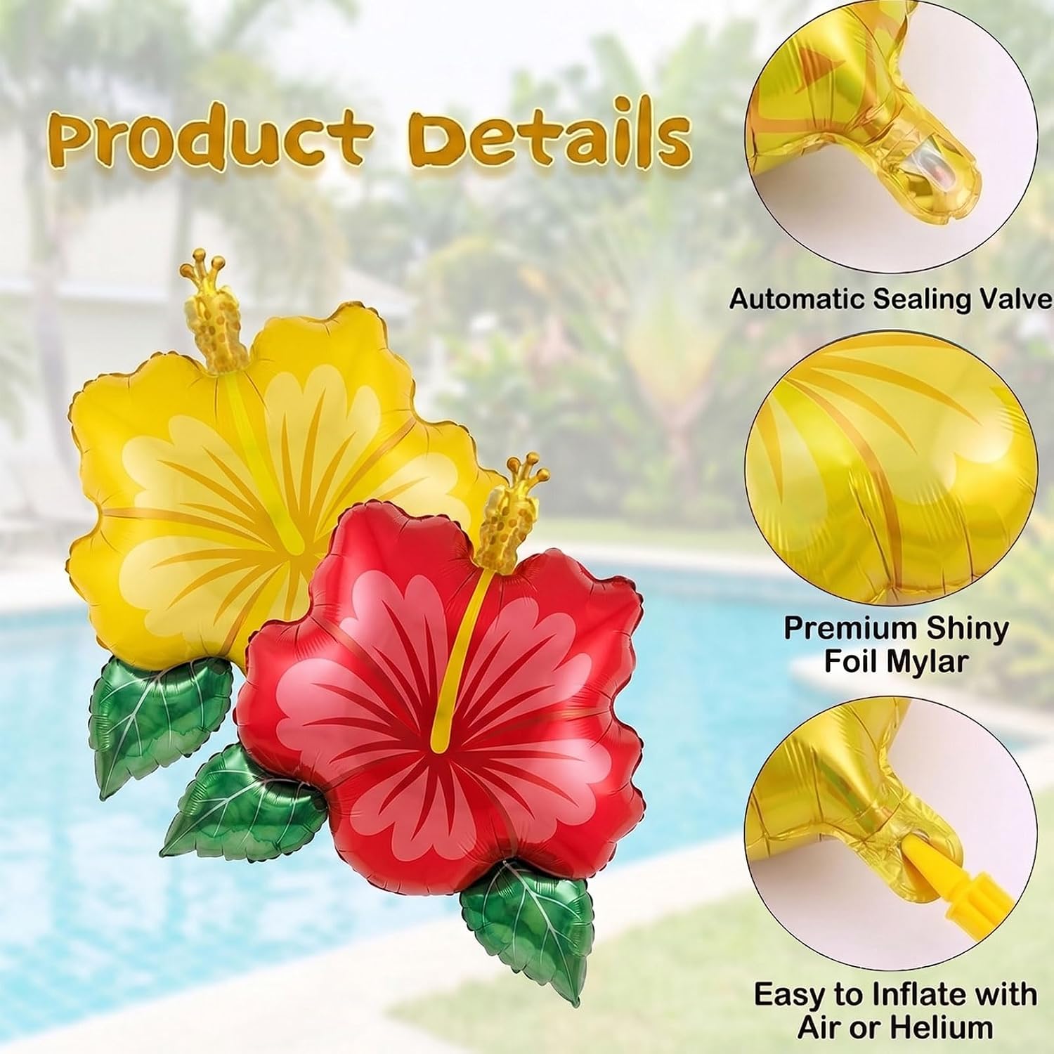 12Pcs Tropical Hawaiian Hibiscus Foil Balloons | Hawaiian Aloha Party Decorations Large Foil Flowers for Summer Luau Beach Birthday Props