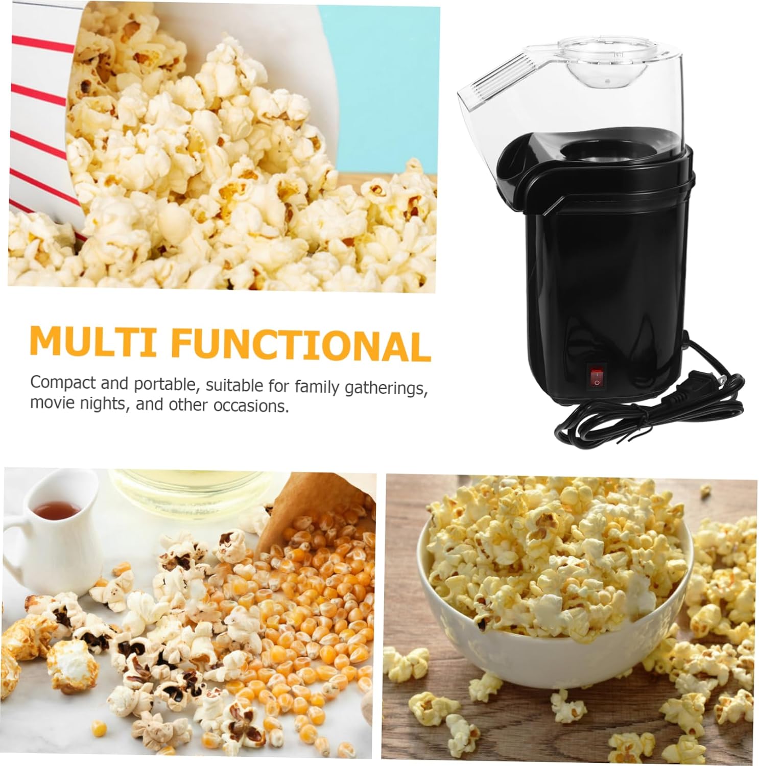 Electric Hot Air Popcorn Maker Automatic Snack Popcorn Machine with Safety Auto Shut Off Compact Portable Design for Home Movie Nights and Parties