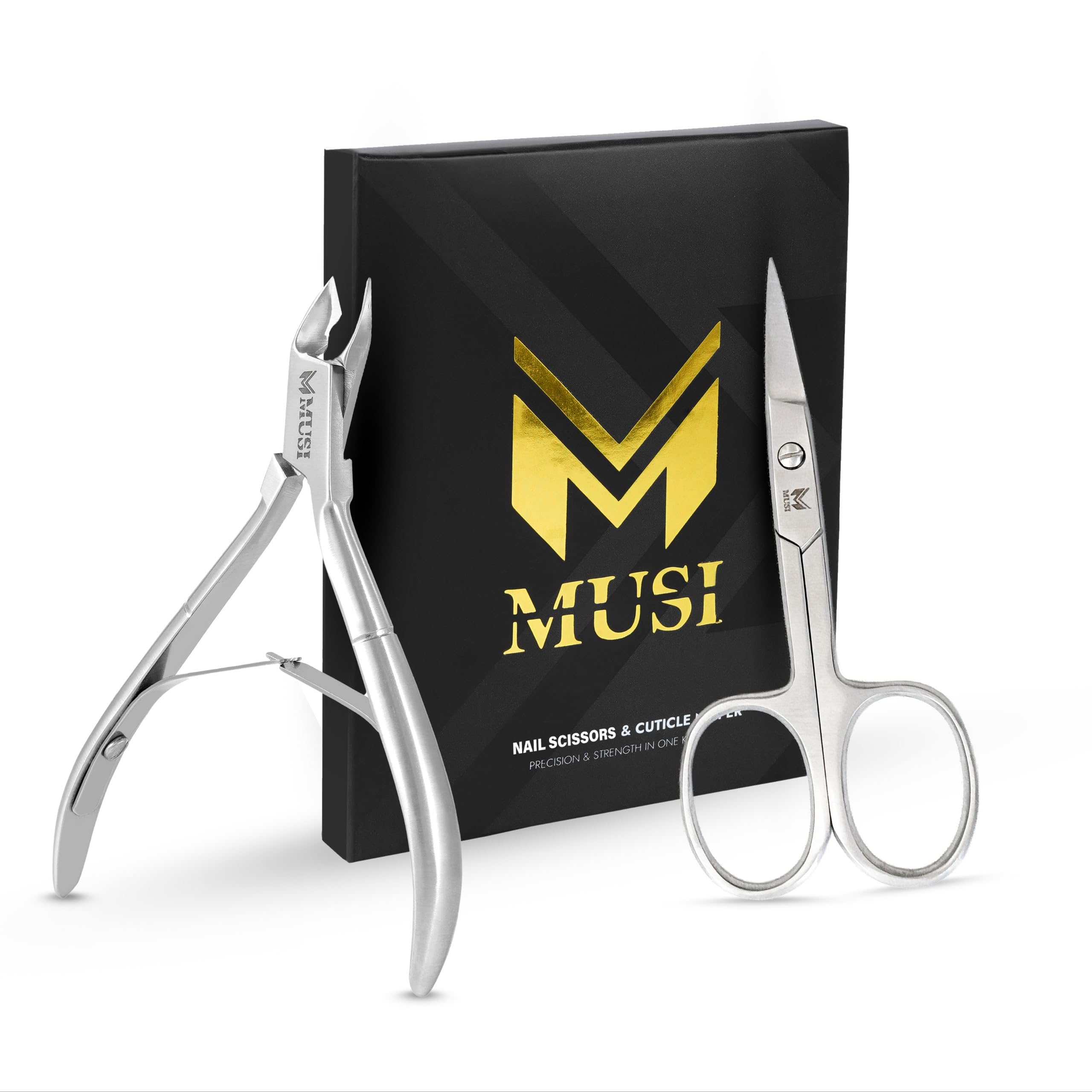 MUSI Cuticle Nipper & Curved Nail Scissors for Nail, Cuticle & Facial Hair Care – Mustache, Eyebrow, Eyelash, Ear & Nose Hair Grooming Kit for Men & Women