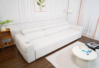 Power Reclining Sofa with Adjustable Headrest, Sectional Recliner with Wireless Charge & Bluetooth Speaker, Wall Hugger Recliner Converts to Sofa Bed, Remote, USB/Type-C, 3-Seater (Beige)