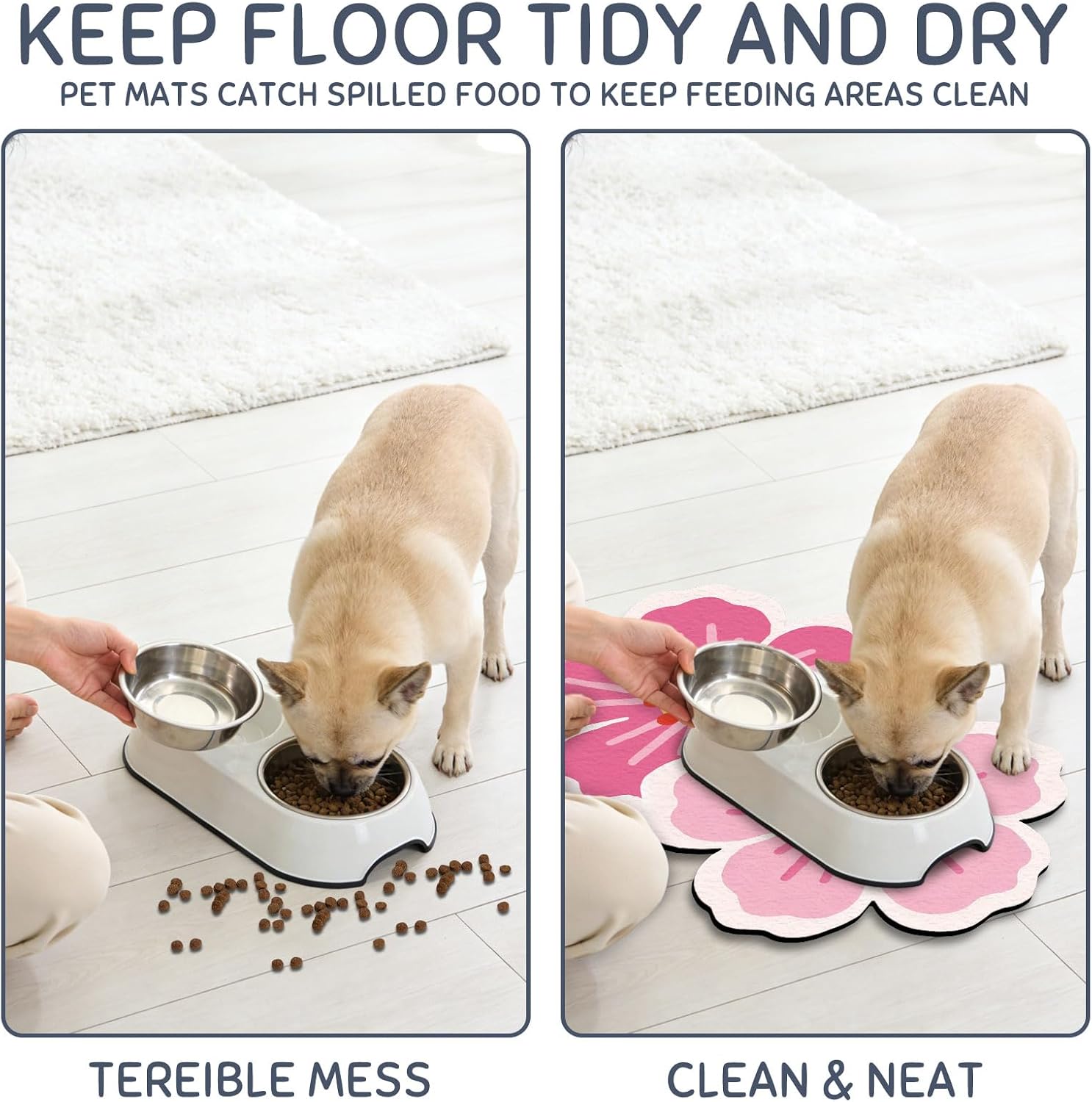 GLOBLELAND Cherry Blossom Shaped Pet Food Mat for Floors 23.6x15.7 inch Pink Flowers Prints Feeding Mats Non-Slip Floors Mat Absorbent Pet Placemats for Cats Dogs Bowl and Water Dispenser