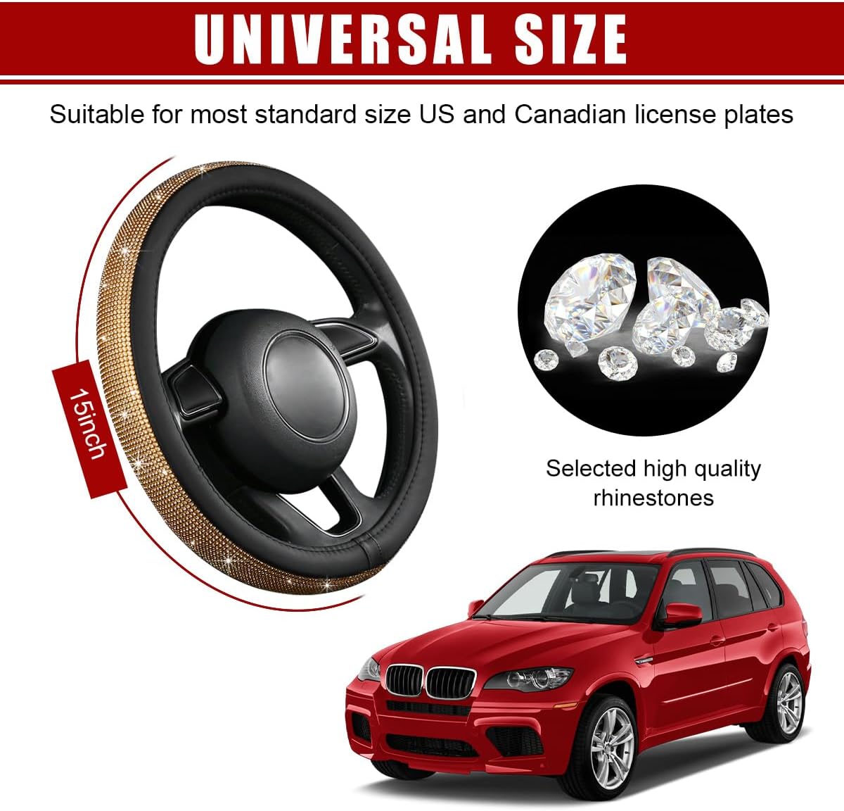 Bling Car Steering Wheel Cover, Sparkling Crystal Rhinestone Auto Wheel Protector, Anti Slip Cover Fit 15 Inch Steering Wheel for Women Girls, Universal Car Accessories (Golden) - Image 2