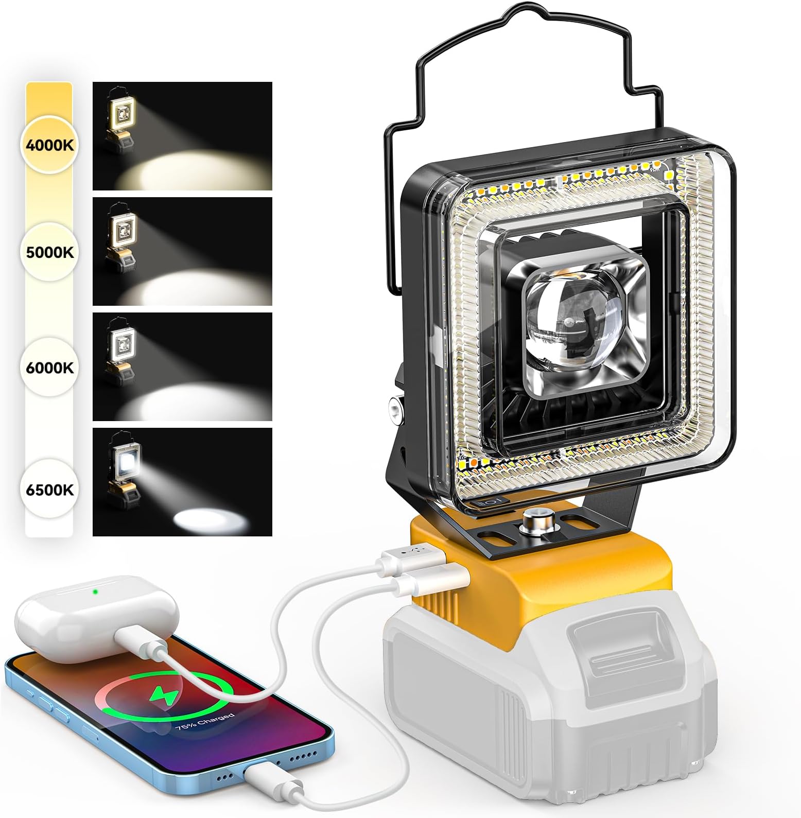 LED Work Light for Dewalt 20v Max Battery, 60W Cordless LED Flood Light with 4 Color Temperature, Portable Spotlight, Flashlights High Lumens with USB/Type-C Charging Ports for Workshop, Garage