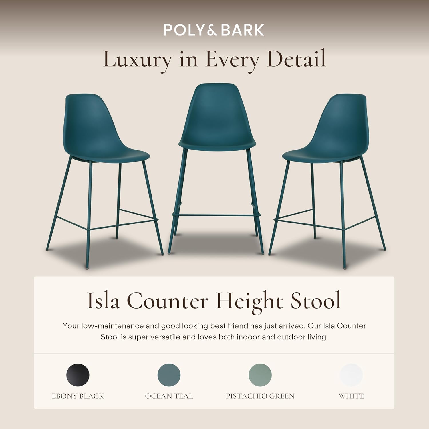 Poly & BARK Isla Bar Stools Set of 3 – Counter Height Bar Stool for Kitchen – Set of Counter Stools – Indoor/Outdoor Barstools – Modern Kitchen Bar Stools - Ocean Teal