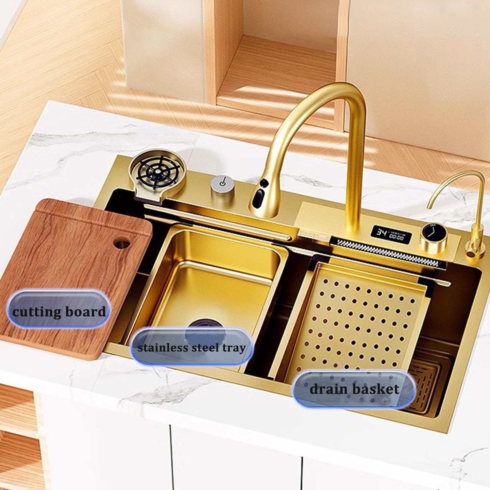 Kitchen Sinks 304 Stainless Steel Waterfall Single Bowl Kitchen Sinks Set Home Workstation Sink Vegetable Basin With Pull-Out Faucet,Pressurized Sink Glass Rinser (Size : 75x45cm/29.5x17.7in - View #5