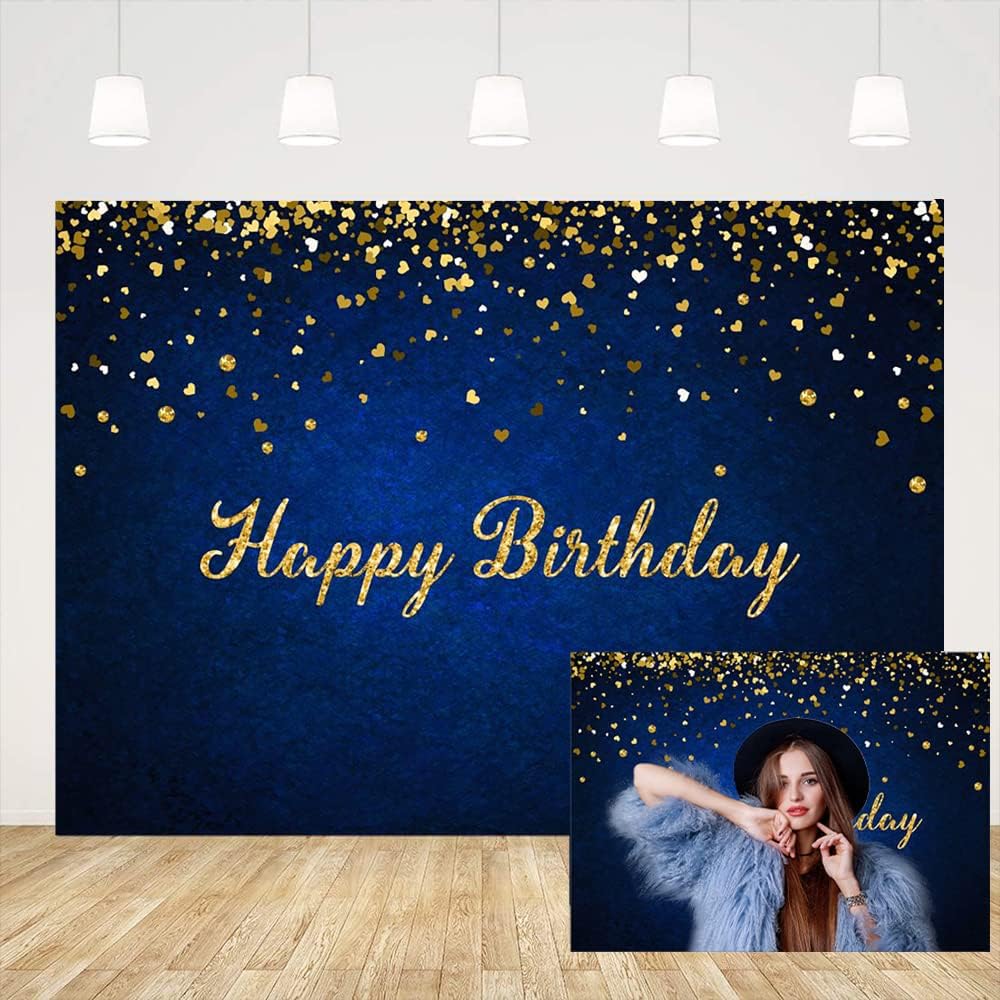 Ticuenicoa 7x5ft Happy Birthday Backdrop for Men Royal Blue Backdrops for Photography Golden Glitter Dots Background Kids 1st Birthday Banner Women