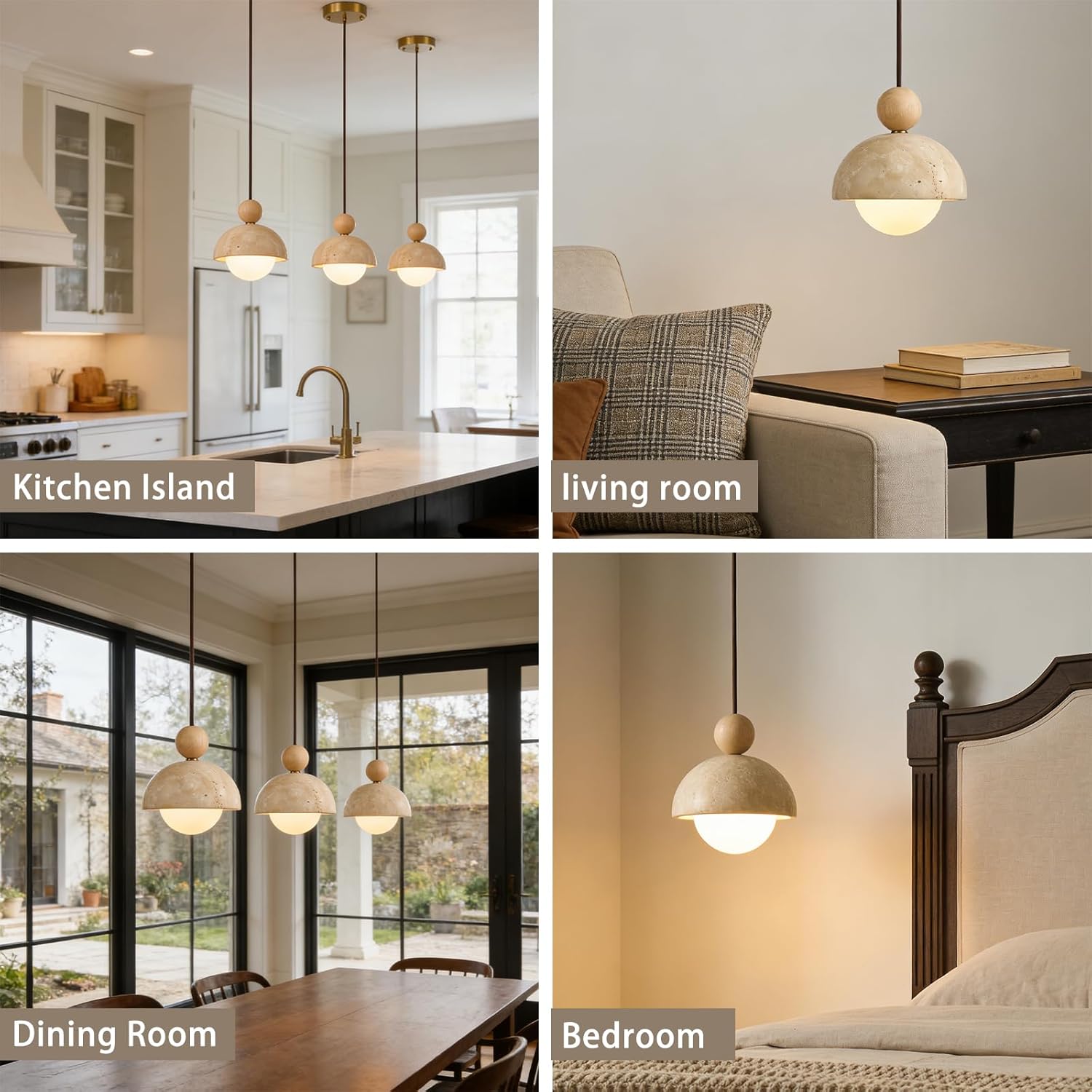 Wabi Sabi Pendant Light, Yellow Travertine Pendant Light Fixture, Natural Stone & Wood Hanging Lamp for Kitchen Island, Hallway, Bedroom Bedside, Dining Room (7.1inch stone-1pcs)