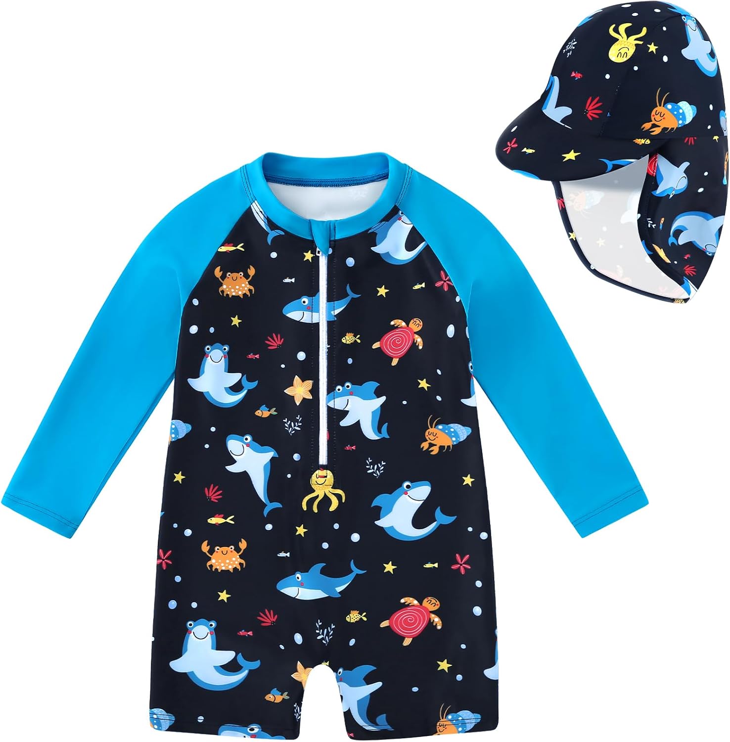 Baby Boy Swimsuit One Piece Long Sleeve Bathing Suit Rash Guard UPF 50+ Sun Protection with Hat 0-24 Months