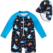 Baby Boy Swimsuit One Piece Long Sleeve Bathing Suit Rash Guard UPF 50+ Sun Protection with Hat 0-24 Months